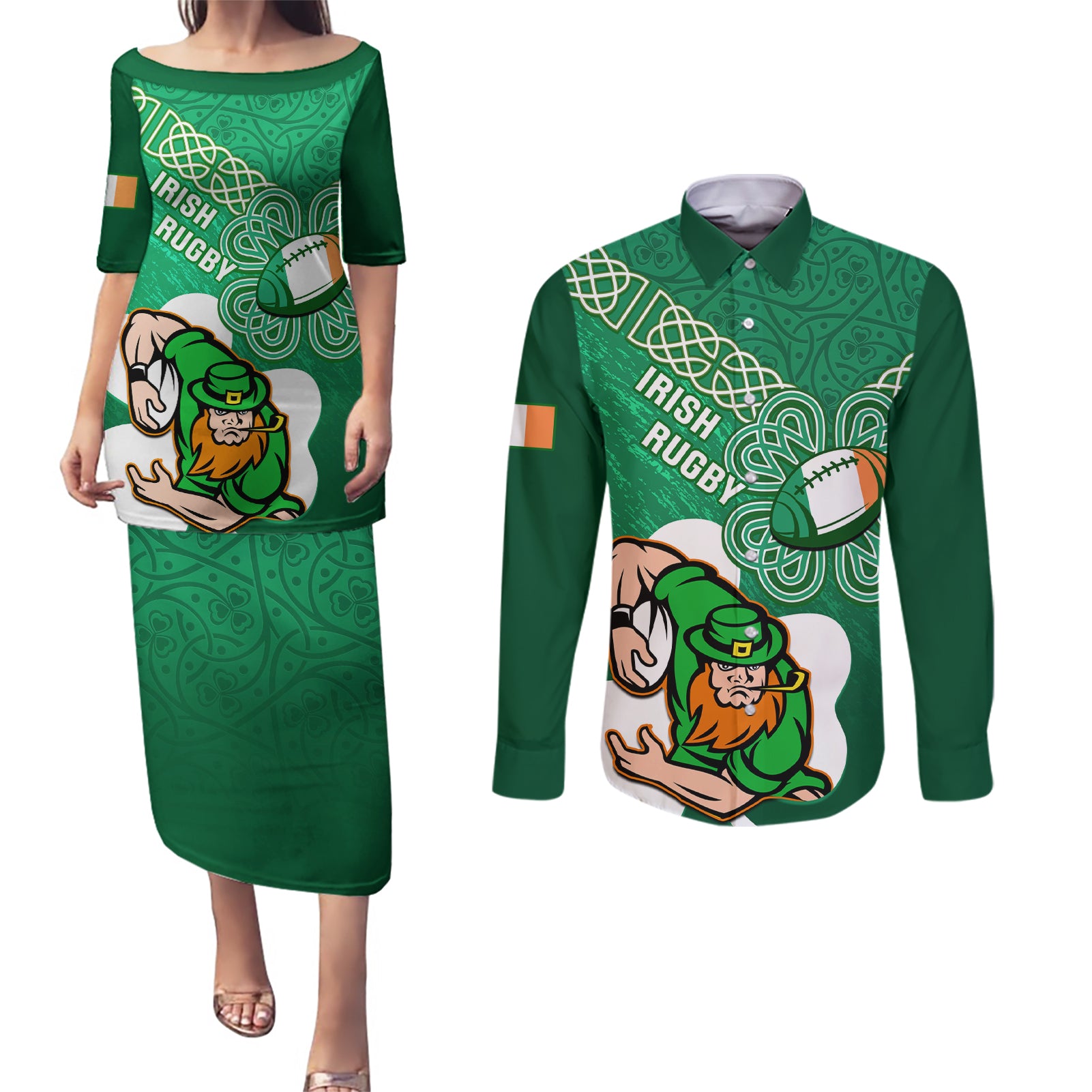 Custom Ireland Rugby Couples Matching Puletasi and Long Sleeve Button Shirt 2024 Irish Shamrocks With Celtic Pattern - Wonder Print Shop