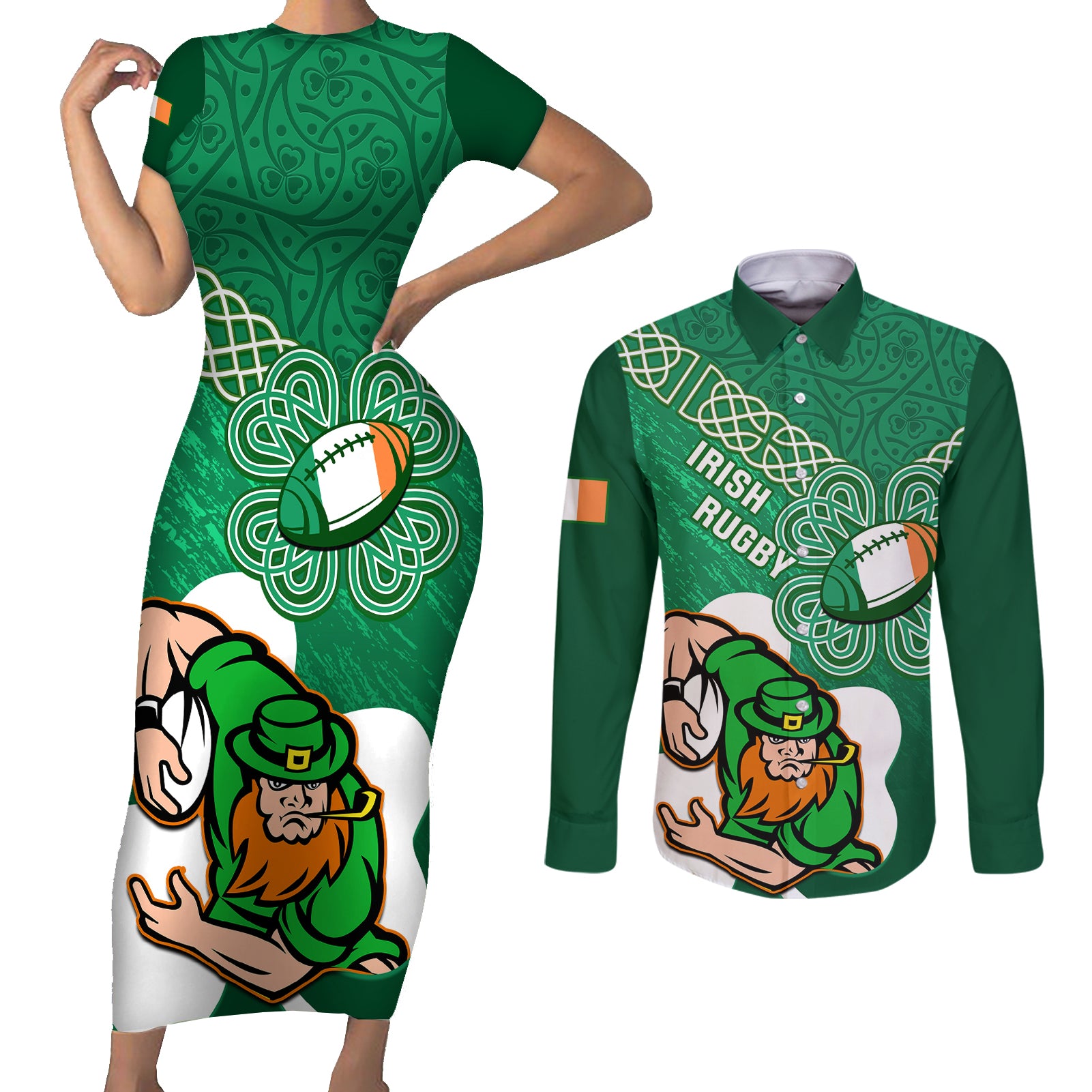 Custom Ireland Rugby Couples Matching Short Sleeve Bodycon Dress and Long Sleeve Button Shirt 2024 Irish Shamrocks With Celtic Pattern - Wonder Print Shop