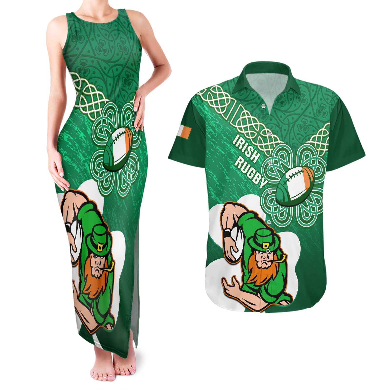 Custom Ireland Rugby Couples Matching Tank Maxi Dress and Hawaiian Shirt 2024 Irish Shamrocks With Celtic Pattern - Wonder Print Shop