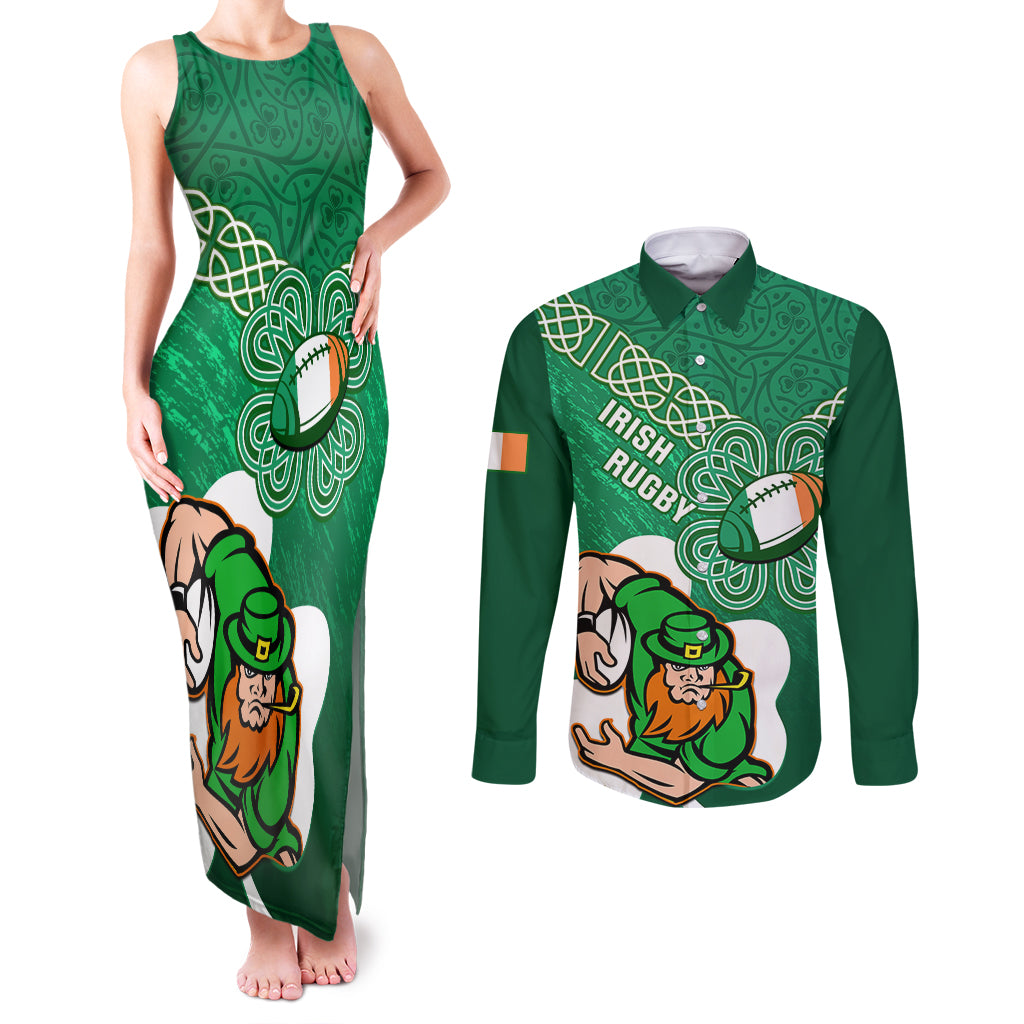 Custom Ireland Rugby Couples Matching Tank Maxi Dress and Long Sleeve Button Shirt 2024 Irish Shamrocks With Celtic Pattern - Wonder Print Shop