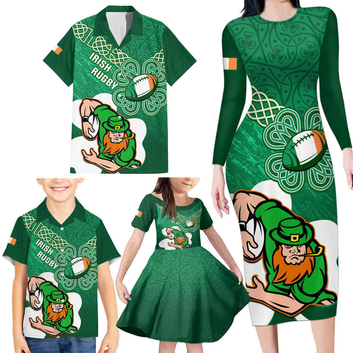 Custom Ireland Rugby Family Matching Long Sleeve Bodycon Dress and Hawaiian Shirt 2024 Irish Shamrocks With Celtic Pattern - Wonder Print Shop