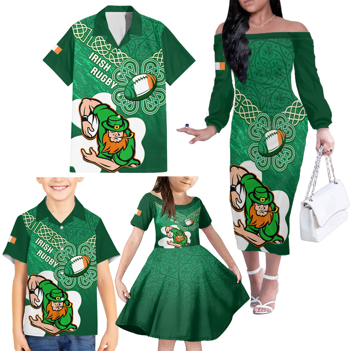 Custom Ireland Rugby Family Matching Off Shoulder Long Sleeve Dress and Hawaiian Shirt 2024 Irish Shamrocks With Celtic Pattern - Wonder Print Shop