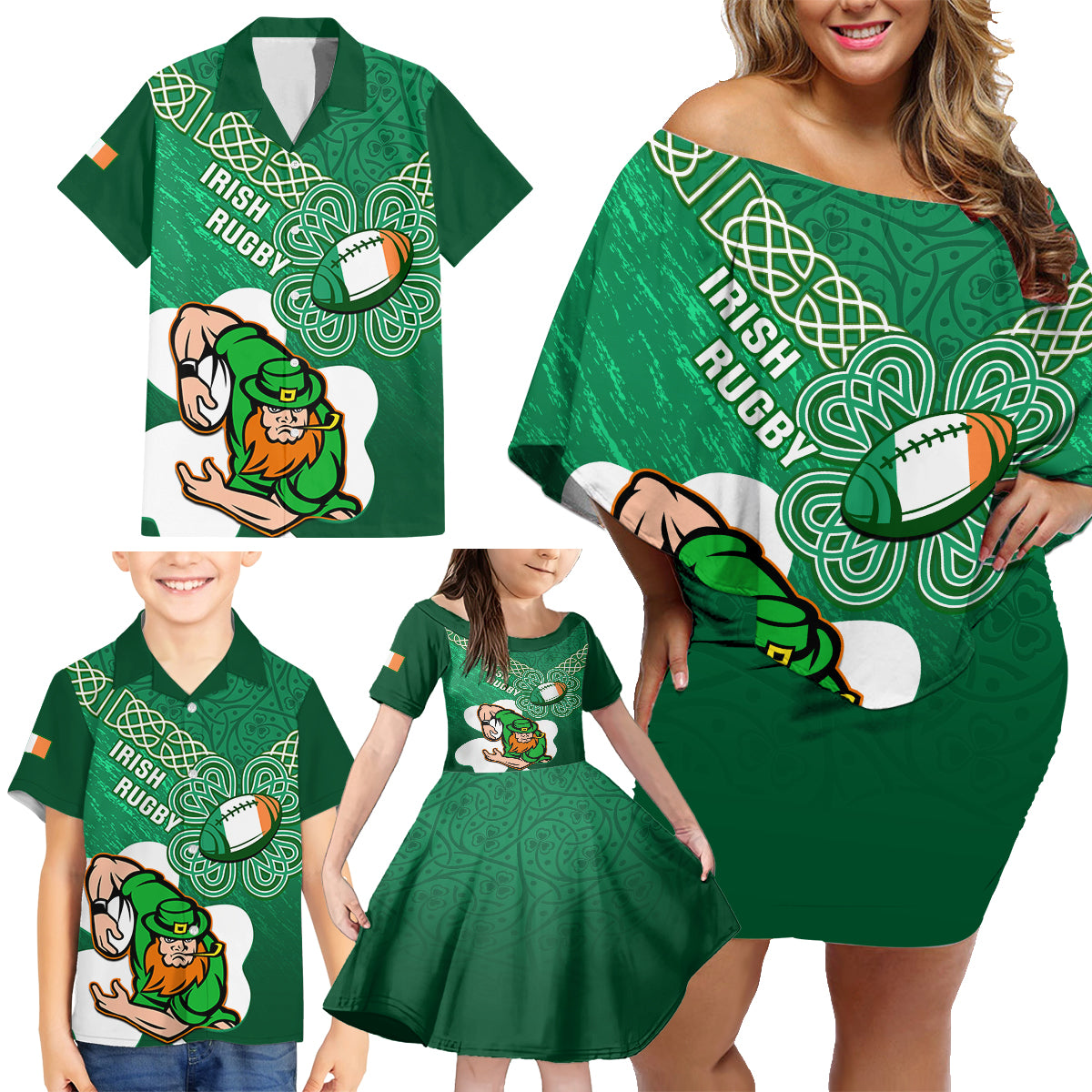 Custom Ireland Rugby Family Matching Off Shoulder Short Dress and Hawaiian Shirt 2024 Irish Shamrocks With Celtic Pattern - Wonder Print Shop