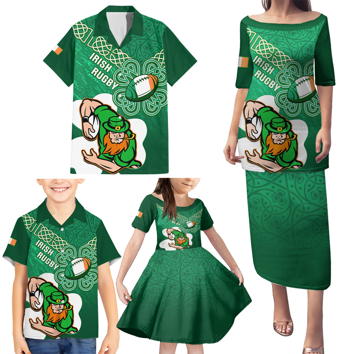 Custom Ireland Rugby Family Matching Puletasi and Hawaiian Shirt 2024 Irish Shamrocks With Celtic Pattern - Wonder Print Shop