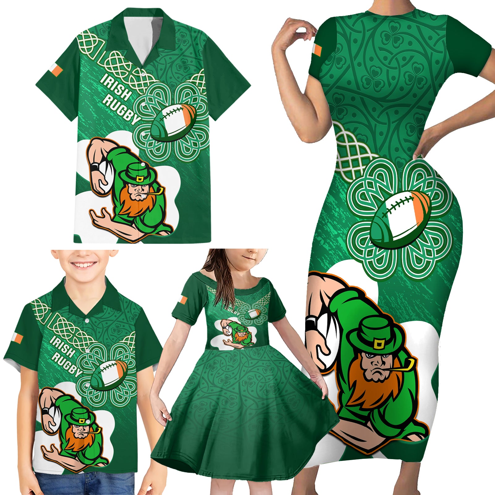 Custom Ireland Rugby Family Matching Short Sleeve Bodycon Dress and Hawaiian Shirt 2024 Irish Shamrocks With Celtic Pattern - Wonder Print Shop