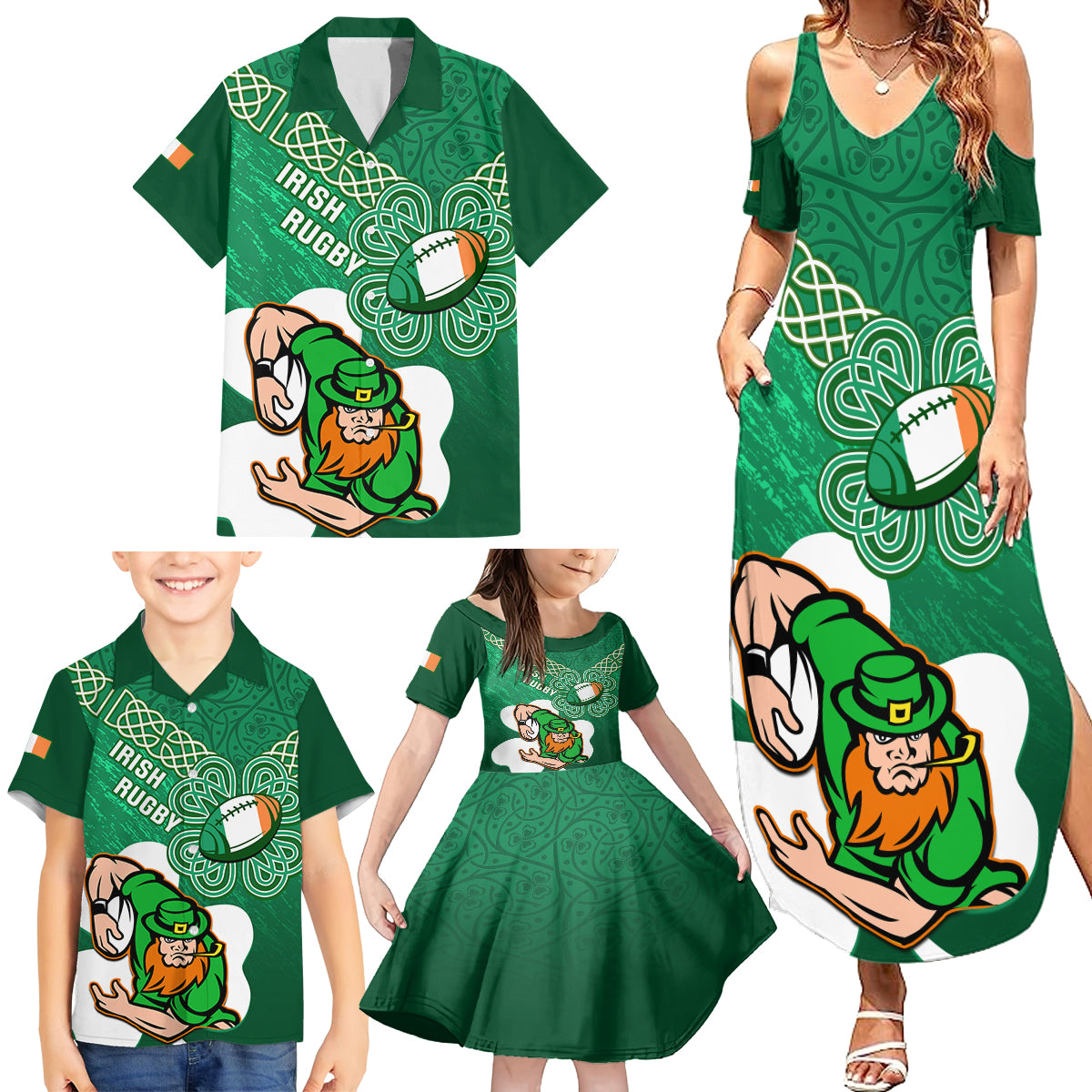 Custom Ireland Rugby Family Matching Summer Maxi Dress and Hawaiian Shirt 2024 Irish Shamrocks With Celtic Pattern - Wonder Print Shop