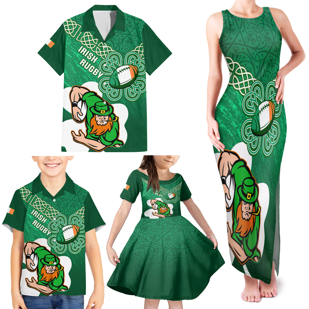 Custom Ireland Rugby Family Matching Tank Maxi Dress and Hawaiian Shirt 2024 Irish Shamrocks With Celtic Pattern - Wonder Print Shop