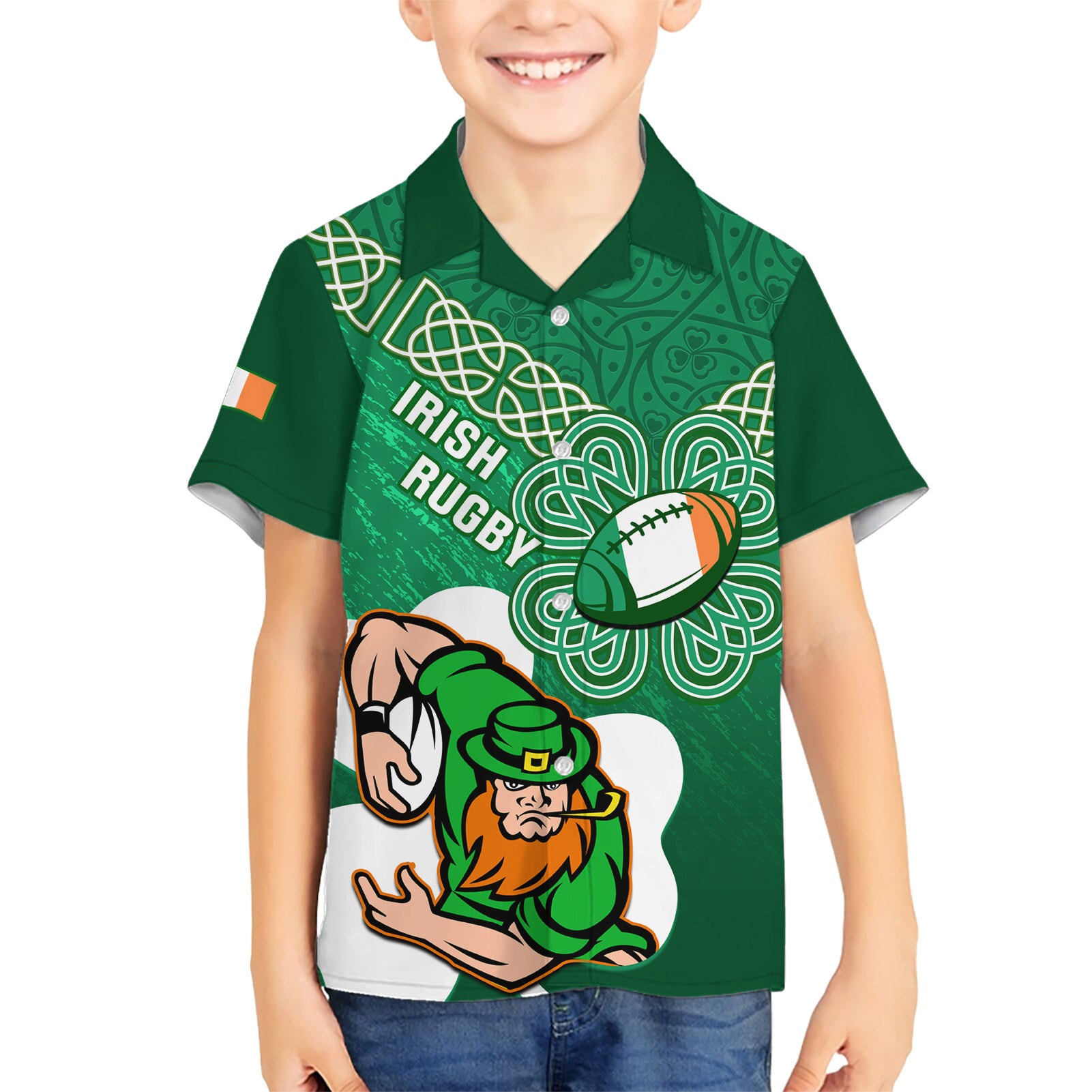 Custom Ireland Rugby Kid Hawaiian Shirt 2024 Irish Shamrocks With Celtic Pattern - Wonder Print Shop