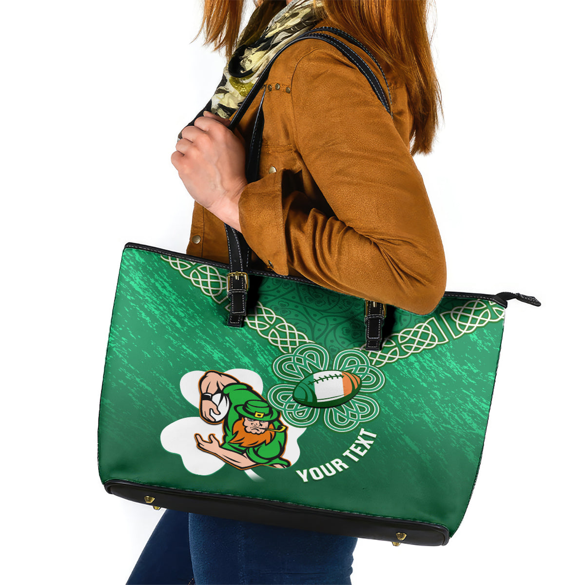 Custom Ireland Rugby Leather Tote Bag 2024 Irish Shamrocks With Celtic Pattern - Wonder Print Shop