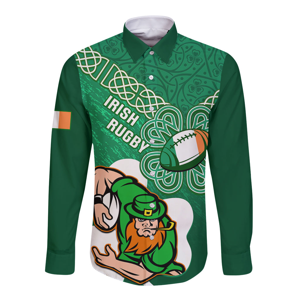 Green long sleeve button rugby shirt with Irish shamrock and Celtic pattern front graphic