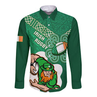 Green long sleeve button rugby shirt with Irish shamrock and Celtic pattern front graphic