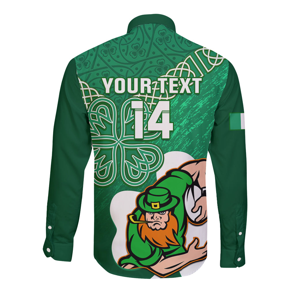 Green long sleeve button rugby shirt, back shows celtic shamrock pattern and leprechaun graphic