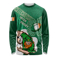 Green rugby long sleeve shirt with Irish shamrock and Celtic pattern, front mascot
