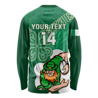 Green rugby long sleeve shirt with YOUR TEXT and 14 on back, Celtic shamrock design