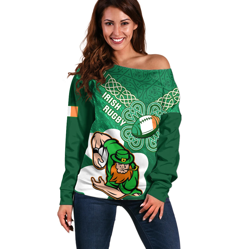 Custom Ireland Rugby Off Shoulder Sweater 2024 Irish Shamrocks With Celtic Pattern - Wonder Print Shop