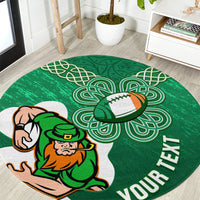 Green round rugby round carpet with shamrock Celtic knot pattern and YOUR TEXT
