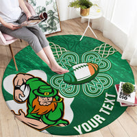 Green round rugby carpet with shamrock Celtic design, rugby player graphic, and YOUR TEXT