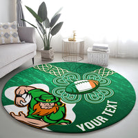 Green round rugby carpet showing shamrock Celtic knot pattern, rugby player, and YOUR TEXT