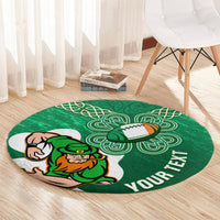 Green round rugby carpet with shamrock Celtic knot design, rugby player, and YOUR TEXT