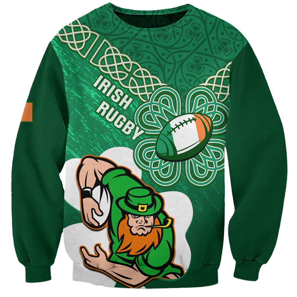 Green unisex rugby sweatshirt with Irish shamrock Celtic pattern and rugby graphic