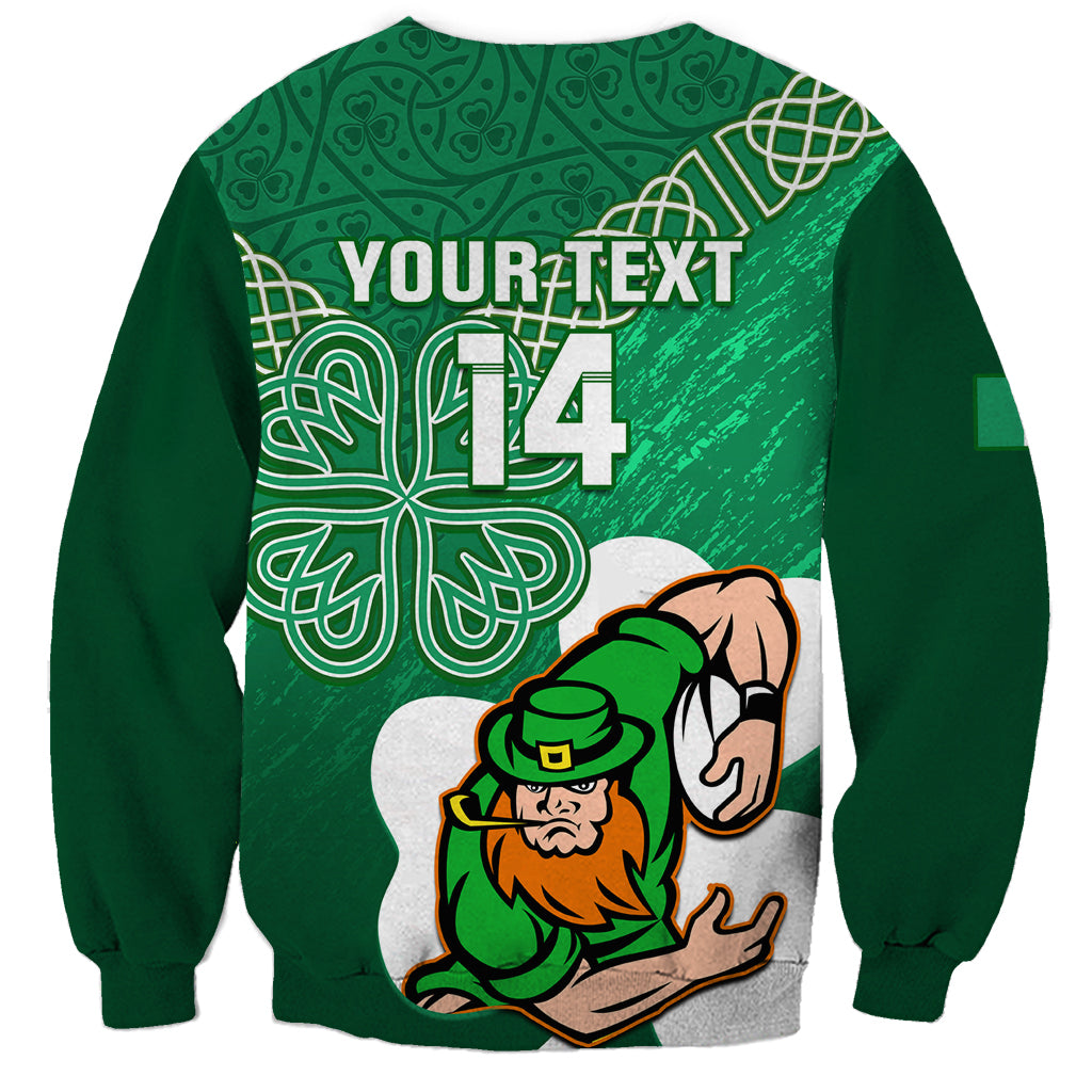Green unisex rugby sweatshirt, back shows YOUR TEXT, number 14 and shamrock graphic