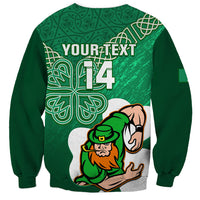 Green unisex rugby sweatshirt, back shows YOUR TEXT, number 14 and shamrock graphic