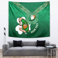 Green rugby tapestry with celtic knot border, leprechaun and rugby boot, 'YOUR TEXT'