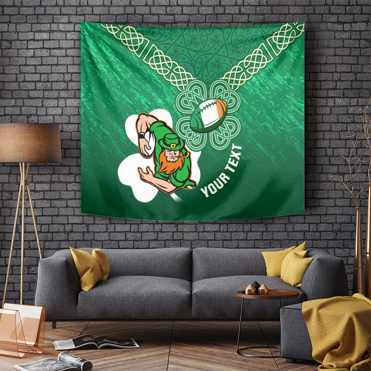 Green rugby tapestry with celtic pattern, leprechaun holding rugby ball and 'YOUR TEXT'