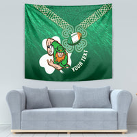 Green rugby tapestry with celtic knot border, leprechaun holding rugby ball illustration