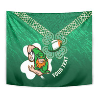 Green rugby tapestry close view with celtic knot shamrock design, leprechaun and rugby boot