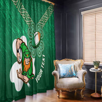 Green rugby window curtain with Celtic knots, shamrock-style emblem, and rugby ball art.