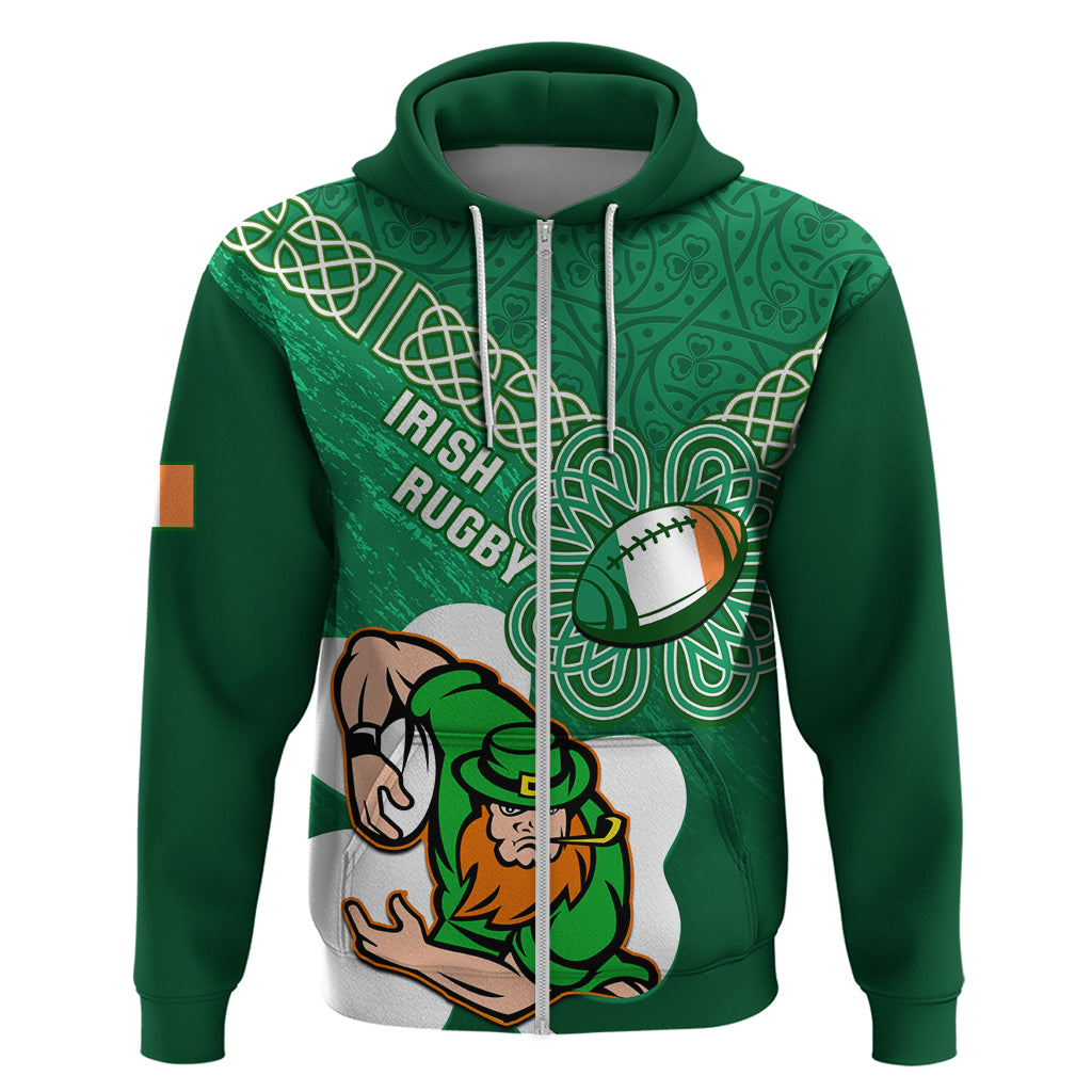 Green zip hoodie with celtic shamrock pattern and rugby player graphic on front