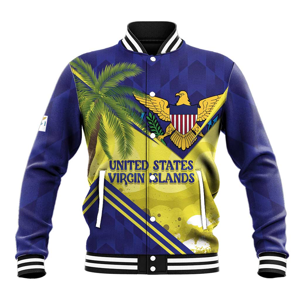 Blue baseball jacket with button front, striped collar, palm and US Virgin Islands graphic