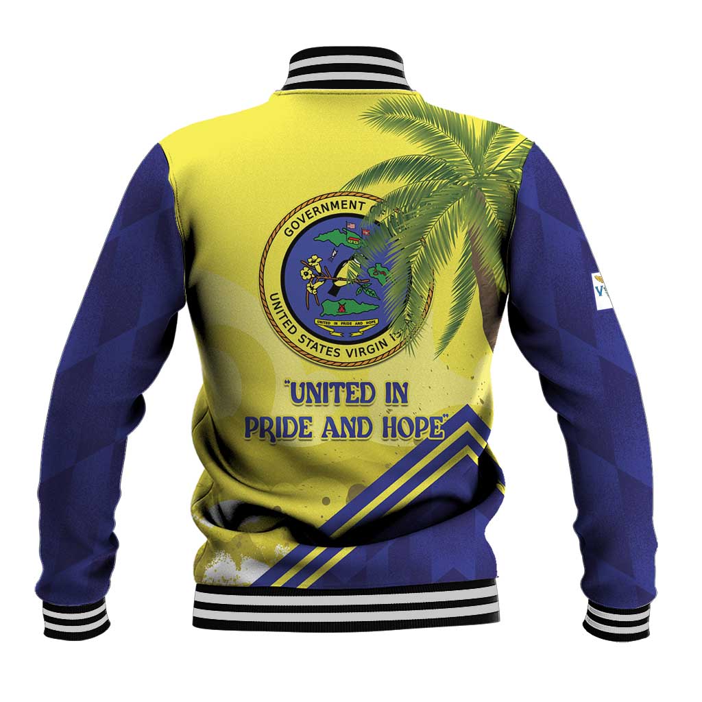 Baseball jacket back with striped collar, crest seal, palm leaves, and 'United in Pride and Hope'