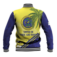 Baseball jacket back with striped collar, crest seal, palm leaves, and 'United in Pride and Hope'