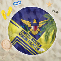 Round beach blanket with white fringe, US Virgin Islands flag and palm leaf graphic