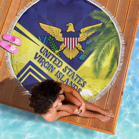 Round beach blanket with white fringe, US Virgin Islands emblem, palm leaves and chevrons
