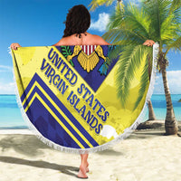 Round beach blanket with white fringe, US Virgin Islands flag design held outdoors