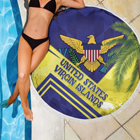 Round beach blanket with white fringe, US Virgin Islands flag print over poolside