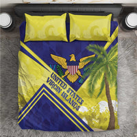 Pride bedding set with yellow and blue flag design, eagle crest, and palm leaves