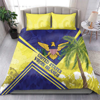 Yellow and blue bedding set with eagle crest, palm leaves, and “United Virgin Islands” text