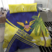 Blue and yellow duvet with eagle crest, palm leaves, and “United Virgin Islands” lettering