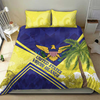 Yellow and blue bedding set with eagle emblem, palm leaves, and two matching pillowcases