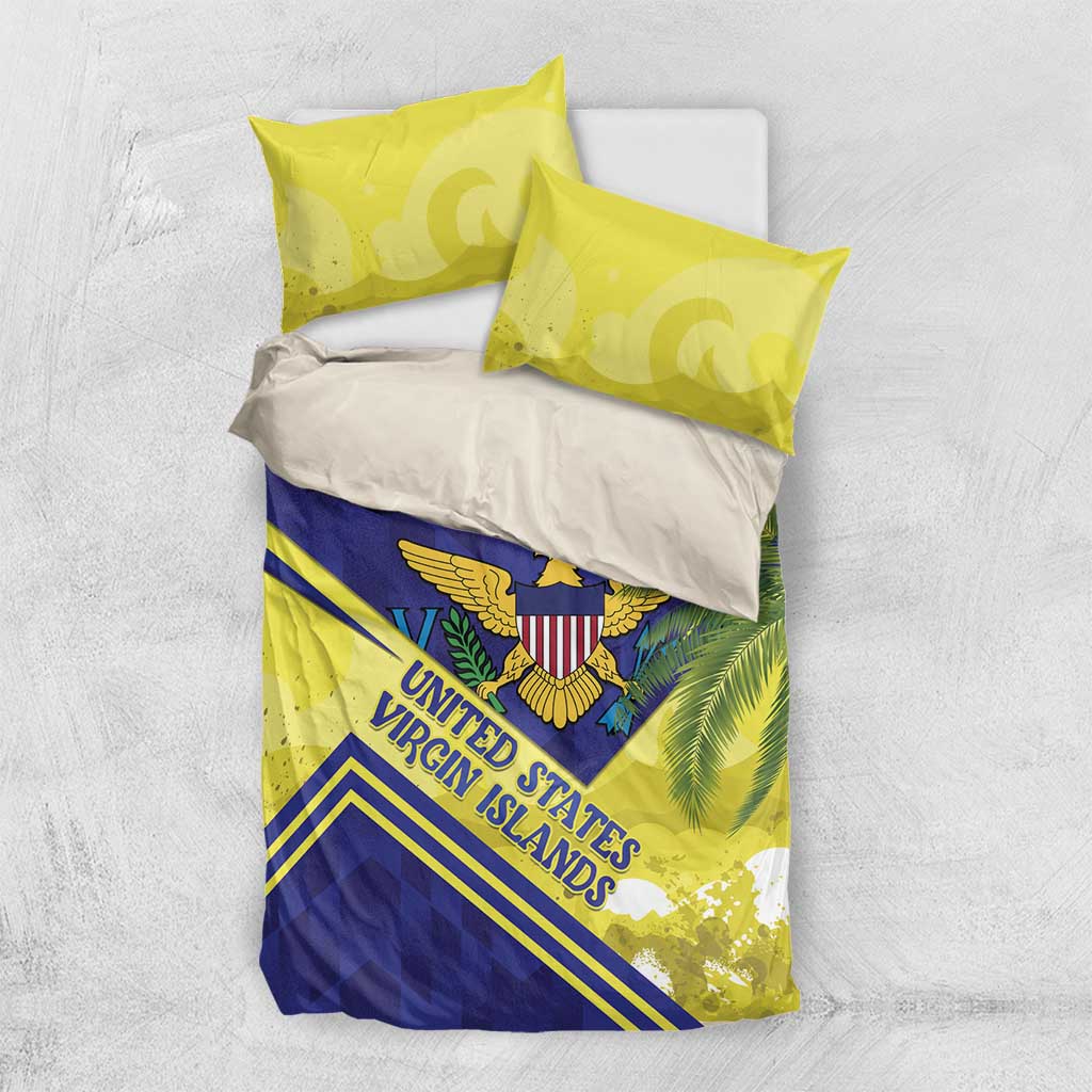 Folded bedding set with yellow and blue duvet and two pillowcases featuring an eagle crest