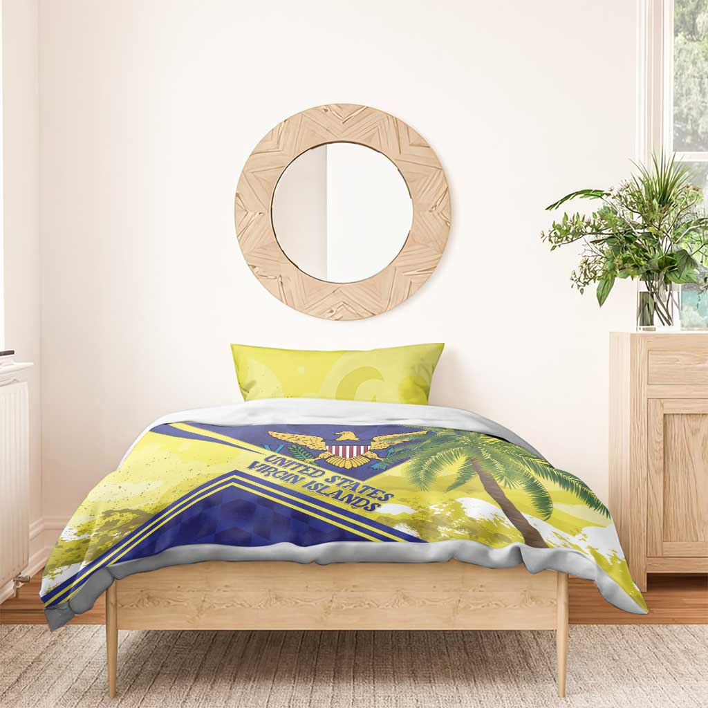 Yellow and blue bedding set with eagle crest, palm leaves, and “United Virgin Islands” design