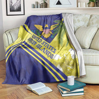 Blue and yellow United States Virgin Islands pride blanket with eagle emblem and palm print