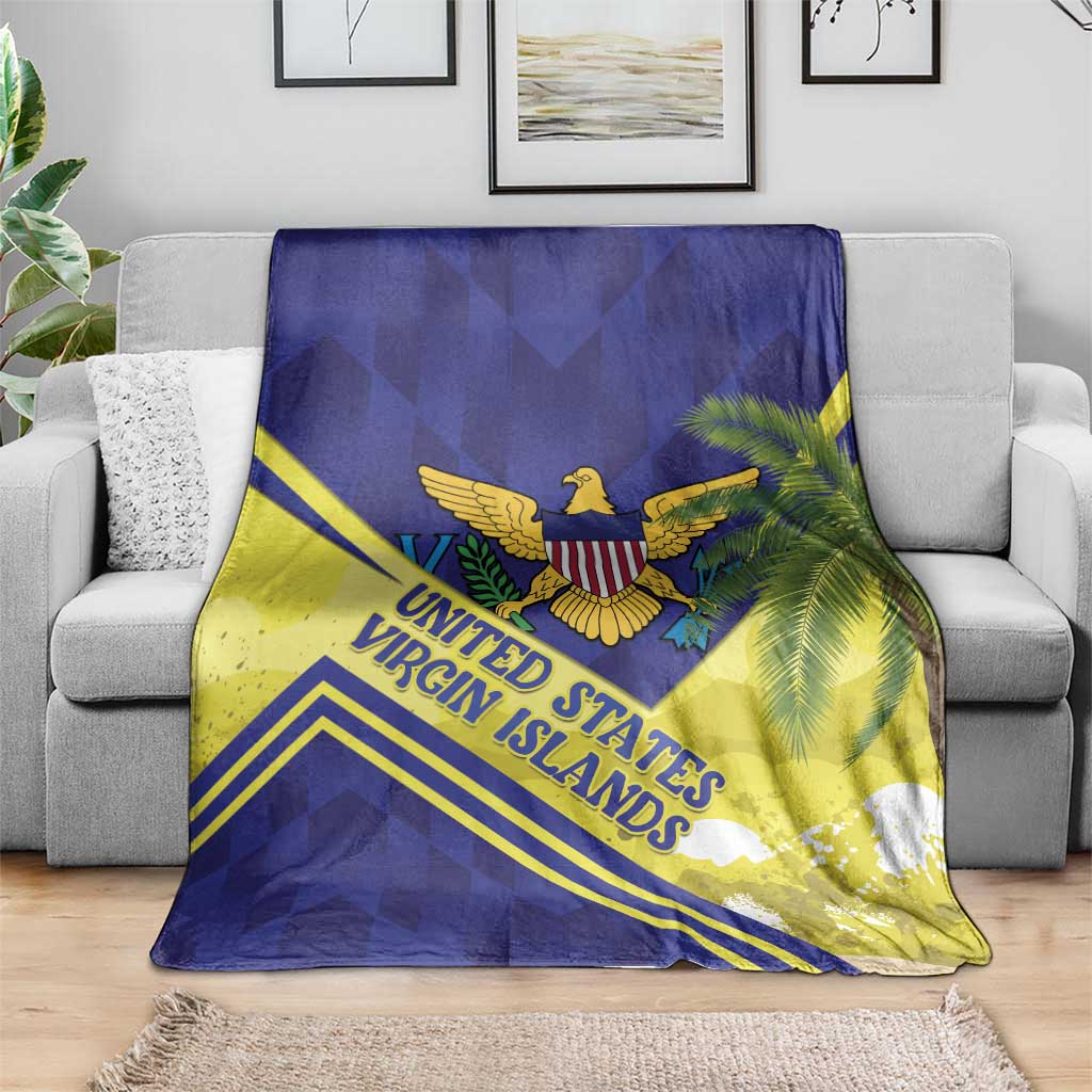 Blue and yellow throw blanket featuring United States Virgin Islands eagle crest, palm leaves