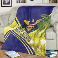 Blue and yellow blanket with United States Virgin Islands lettering, gold eagle and palm tree