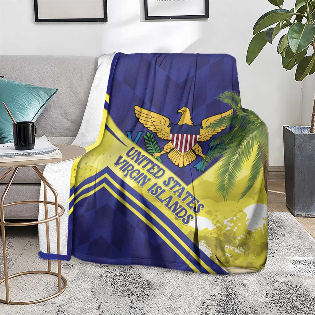 Blue and yellow blanket with United States Virgin Islands eagle emblem and diagonal stripe pattern