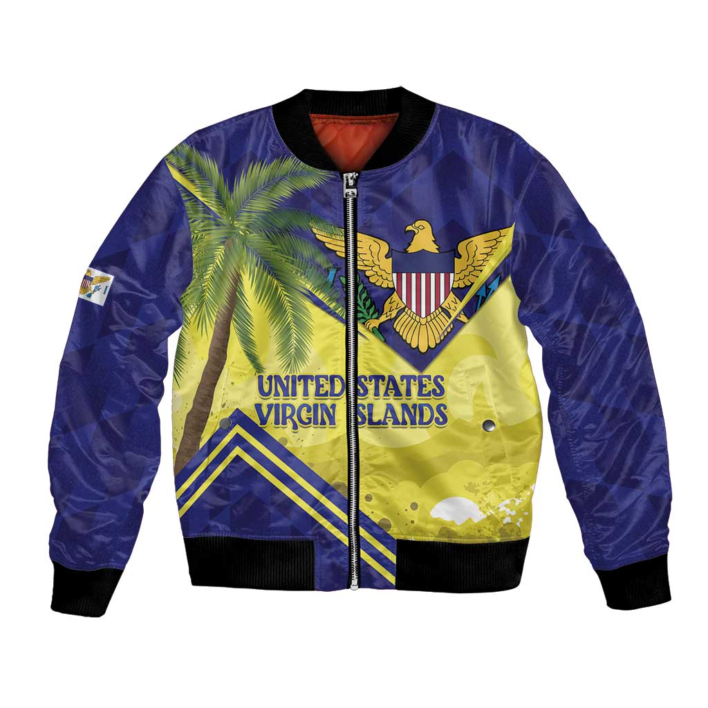 Unisex blue bomber jacket with front graphic, palm trees, eagle crest, full zip